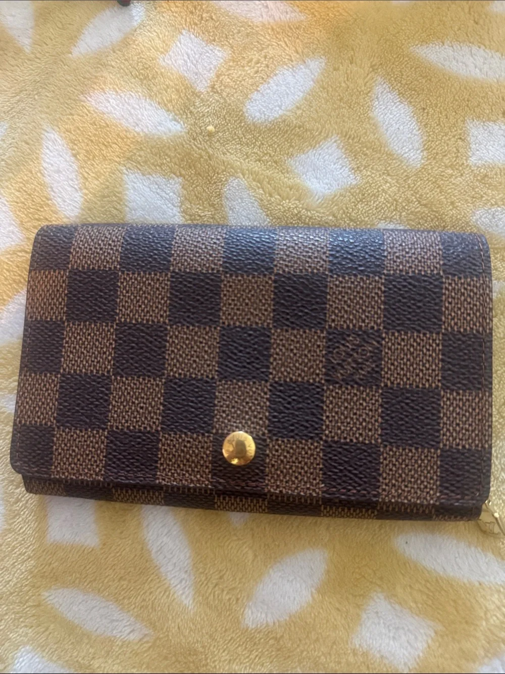 Louis Vuitton Damier Ebene Brown Checkered Wallet with Gold Hardware